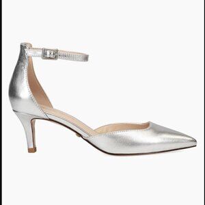 Pelle Moda Kendal Metallic Silver Ankle Strap Pointed Toe Low Kitten Heel 9.5